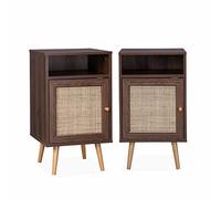 sweeek - Lote de 2 mesitas de Noche de caña - Bohemia - 40x39x65,8cm Color Madera Oscura - 2 Niveles - 1 Puerta - 1 Espacio de almacenaje - Patas escandinavas