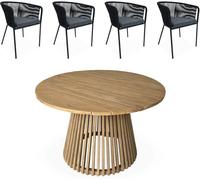sweeek Mesa de comedor redonda de madera, interior/exterior + 4 sillones de