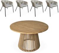 sweeek Mesa de comedor redonda de madera, interior/exterior + 4 sillones de