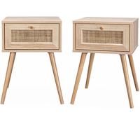 sweeek Mesita de noche de 1 cajón con efecto madera y caña, set de 2, natural