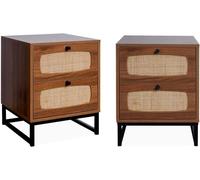 sweeek Mesitas de noche de madera y caña, set de 2, natural