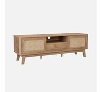 sweeek - Mueble TV con Puertas correderas, Armario Cerrado, Estante Efecto Madera y caña 150cm