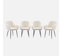 sweeek-Sillón de Terciopelo de canalé y Patas de Metal Negro, Set de 4 Blanco Roto - 57x59x84.5 cm