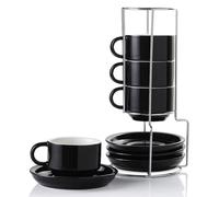 Sweejar Home Juego de 4 tazas de café expreso de cerámica apilables de 120 ml con platillos y soporte de metal, taza de porcelana para bebidas de café, café con leche, té (negro)