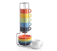Sweejar Home Juego de 6 tazas y platillos de porcelana para café expreso, apilables, con soporte de metal, 70 ml, para café con leche, café, moca, té, multicolor