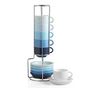 Sweejar Home Juego de 6 tazas y platillos de porcelana para expreso, apilables, con soporte de metal, 70 ml, para café con leche, café, moca, té, juego de 6 unidades