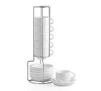 Sweejar Home Juego de 6 tazas y platillos de porcelana para expreso, apilables con soporte de metal, 70 ml para café con leche, café, moca, té, juego de 6 unidades (blanco)