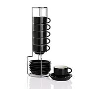 Sweejar Home Juego de 6 tazas y platillos de porcelana para expreso, apilables con soporte de metal, 70 ml para café con leche, café, moca, té, color negro
