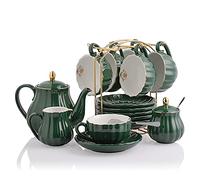 Sweejar Home Juego de té de porcelana British Royal Series, servicio de tazas y platillo para 6, con jarra de tetera y colador de té, adecuado para té alto, boda, fiesta (jade)