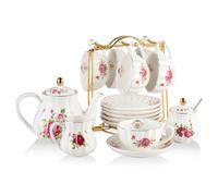 Sweejar Home Juego de té de porcelana British Royal Series, tazas y platillo para 6, con jarra de tetera y colador de té, adecuado para té alto (flor roja)