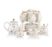Sweejar Home Juegos de té de porcelana British Royal Series, servicio de tazas y platillo para 6, con tetera, jarra de crema, cucharaditas y colador de té, adecuados para té alto (floral)