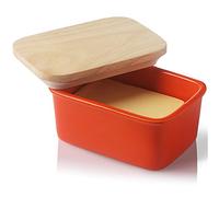 Sweejar Home Mantequera de porcelana con tapa, hermética, grande, con tapa de madera, recipiente de mantequilla perfecto para 2 barras de mantequilla de la costa oeste o este (naranja)