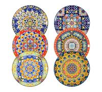 Sweejar Home Platos de ensalada de 8 pulgadas, juego de 6 platos de postre de cerámica de estilo bohemio, platos pequeños aptos para lavavajillas y microondas, platos redondos coloridos para cocina