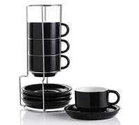 Sweejar Home Porcelana Cappuccino tazas con platillos y soporte de metal, tazas de espresso apilables para bebidas de café especiales, latte, americano, té con juego de 4 (negro, 120 ml)