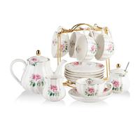 Sweejar Home Royal Family - Juego de té de porcelana de 225 ml a tazas y platillos con tetera, azucarero, jarra de leche, tazas de té y café de cerámica (flor rosa)