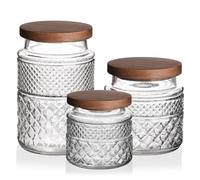 Sweejar Home Tarro de vidrio con tapa de madera, juego circular de 3 recipientes herméticos vintage en relieve para almacenamiento de alimentos, juego de recipientes sellados para granos de café,