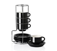 Sweejar Home Tazas de café espresso de porcelana con platillos, tazas apilables de capuchino de 70 ml con soporte de metal para bebidas de café, latte, té, juego de 4 (negro)