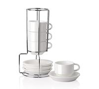 Sweejar Home Tazas de café espresso de porcelana con platillos, tazas apilables de capuchino de 70 ml con soporte de metal para bebidas de café, café con leche, té, juego de 4 (blanco)