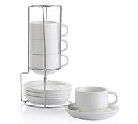 Sweejar Home Tazas de capuchino de porcelana con platillos y soporte de metal, tazas de espresso apilables para bebidas de café especiales, latte, americano, té, juego de 4 (blanco, 120 ml)
