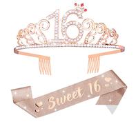 Sweet 16 tiara y faja para niñas, decoración de cumpleaños de satén con corona de diamantes de imitación, regalo de 16 años para niñas, suministros de decoración de fiesta de cumpleaños de 16 años
