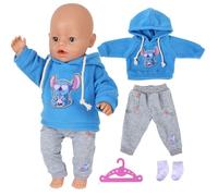 Sweet Baby Doll Ropa para muñeca de bebé de 14 a 18 pulgadas, 4 piezas de trajes de muñeca de cachorro azul con sudadera con capucha, pantalones grises, colgador de calcetines, compatible con muñecas