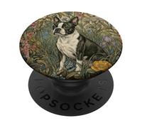 Sweet Black & White Boston Terrier en Vintage Floral Garden PopSockets PopGrip Adhesivo