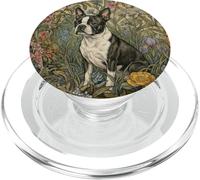 Sweet Black & White Boston Terrier en Vintage Floral Garden PopSockets PopGrip para MagSafe