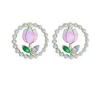 Sweet Diamond Pearl Tulip Eleagnt Flower Crystals Stone Imitation Pearls Studs Women with Plating and Green Rhinestones