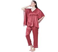 Sweet Dreams Conjunto de pijama y caftán de satén rojo con cuello en V y manga 3/4 para mujer, rosso, L