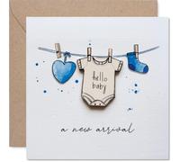 Sweet New Baby Card - Hello Baby, Welcome to the World - Tendedero de acuarela con mameluco, corazón y calcetín - cuadrado de 145 mm, sobre incluido
