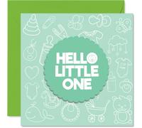 Sweet New Baby Card - Hello Little One, iconos de garabatos de bebé de menta con insignia festoneada, brillante y alegre bienvenida neutra de género - Cuadrado de 145 mm, sobre incluido