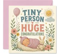 Sweet New Baby Card - Paquete pequeño, sonrisas grandes, adorable bebé durmiendo con conejo, flores y sol, cuadrado de 145 mm, sobre incluido