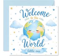 Sweet New Baby Card - Tarjeta de bienvenida al mundo, Little One, globo de acuarela caprichoso con nubes, estrellas y corazones, cuadrado de 145 mm, sobre incluido