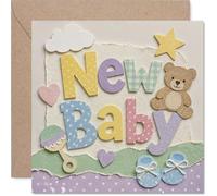Sweet New Baby Card - Tarjeta de felicitación hecha a mano, diseño de oso de peluche, botines de bebé y corazones en colores pastel, rebosante de alegres vibraciones recién nacidas, cuadrado de 145 mm