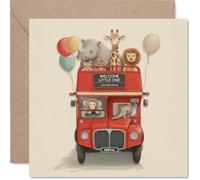 Sweet New Baby Card - Tarjeta de felicitación para bebé con texto en inglés "All Aboard for Baby Joy" - Adorables animales de safari en un autobús rojo de dos pisos con globos - Cuadrado de 145 mm