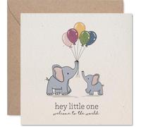 Sweet New Baby Card - Tarjeta de felicitación para bebé con texto en inglés "Hey Little One, Welcome to the World", suave padre y bebé elefante con globos pastel, cuadrada de 145 mm, sobre incluido