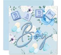 Sweet New Baby Card - Tarjeta de felicitación para bebé, diseño de Hello Little One, color azul pastel, floral y bloque de bebé con motas doradas, una encantadora bienvenida para un niño recién nacido