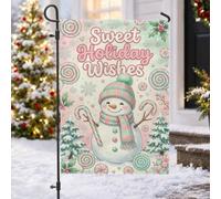 Sweet Snow Man Holiday Wishes - Bandera de jardín de Navidad de 12 x 18 | Bastones de caramelo, bandera de patio, piruletas, pinos, tema de invierno, decoración de patio al aire libre