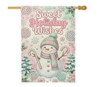 Sweet Snow Man Holiday Wishes Christmas House Flag 28 x 40 pulgadas | Bastones de caramelo, bandera de patio, piruletas, pinos, tema de invierno, decoración de patio al aire libre