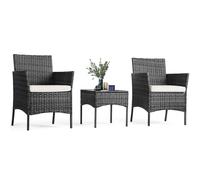 Sweetcrispy Juego de muebles de patio de 3 piezas, muebles de exterior con cojín suave y mesa de cristal, sillas de mimbre de mimbre para todo tipo de clima, para jardín, terraza, porche, césped,
