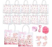 Sweetude 24 bolsas de regalo transparentes de ajolote de PVC, bolsas de dulces con etiquetas, cuerda de lazo rosa de rafia para envolver regalos con asa para mujeres, suministros de decoración de