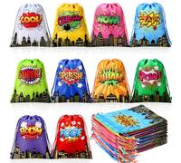 Sweetude 30 bolsas de regalo con cordón para héroes de cómic | 10 tipos diferentes para suministros de fiesta de cumpleaños, truco o trato de Halloween, guardar dulces, aperitivos