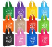 Sweetude 48 bolsas de regalo cristianas a granel con asa, 12 colores, bolsas de regalo con versículo bíblico de 9.8 pulgadas, reutilizables, no tejidas, bolsas de regalo religiosas, bolsa de regalo de