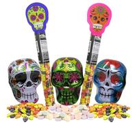Sweetzo Paquete surtido de dulces de Halloween con calavera de azúcar del Día de los Muertos, calaveras de metal y tubos con caramelos duros, 5 artículos, el estilo puede variar