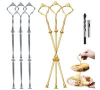 Sweieoni Juego de 6 Barras de Soporte para Tartas, Juego de 6 Unidades, Barras de Metal para Soporte de Tartas, 2/3 Pisos, con Taladro, Forma de Corona, Oro y Plata