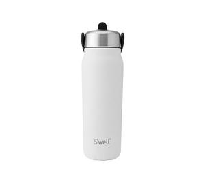 S'well Explorer - Botella de acero inoxidable reciclado con tapa abatible y pajita, 700 ml, blanco (“Moonstone”), triple capa, aislada al vacío, bebidas frías 36 h, calientes 8 h, sin BPA