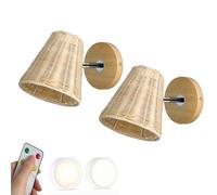 SWEMOPP Aplique de pared de ratán con pilas, juego de 2 brazos ajustables, madera natural, mimbre tejido bohemio, luz nocturna LED, luz de pared inalámbrica, lámpara de pared recargable por USB para d