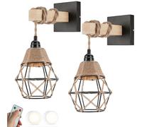 SWEMOPP Apliques de pared de ratán bohemio, juego de dos apliques de pared inalámbricos con pilas, color negro, lámpara de pared recargable por USB con control remoto para dormitorio, cabecera, granja
