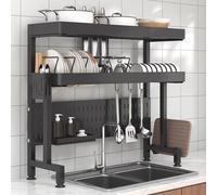 SWENEEN Escurridor De Platos De 2 Niveles para Colocar sobre El Fregadero, Ajustable Y Expandible, Colador Grande Plateado para Cocina, Ideal para Optimizar El Espacio En La Enci,Black-L