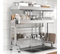 SWENEEN Escurridor De Platos De 2 Niveles para Colocar sobre El Fregadero, Ajustable Y Extensible, Colador Grande Plateado para Cocina, Ideal para Optimizar El Espacio En La Enci,Silver-L